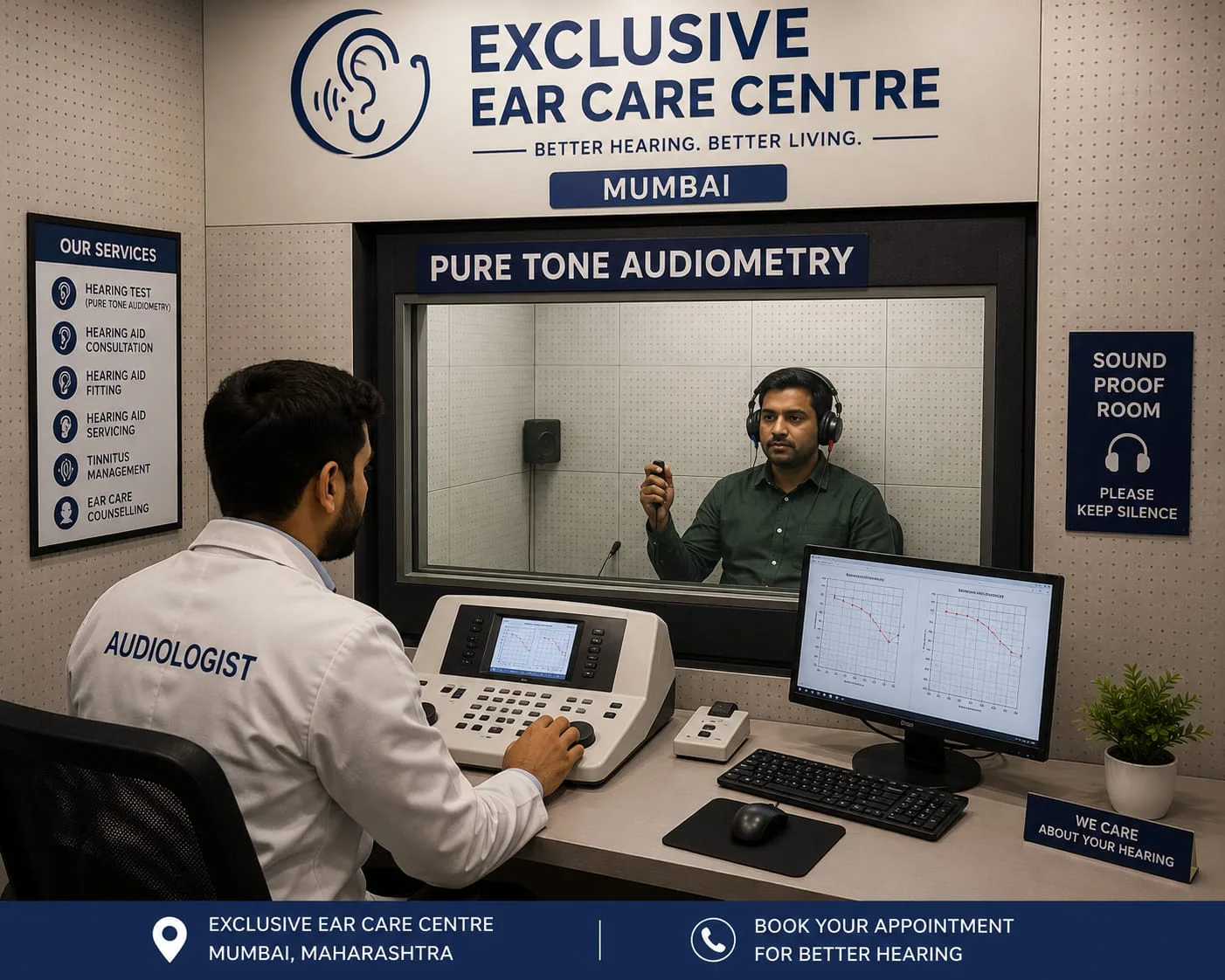 Audiologist conducting a pure tone audiometry hearing test