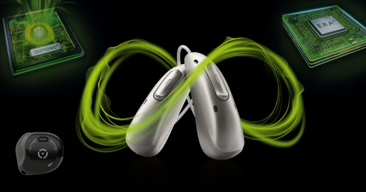 Modern hearing aid technology concept with digital processing graphics