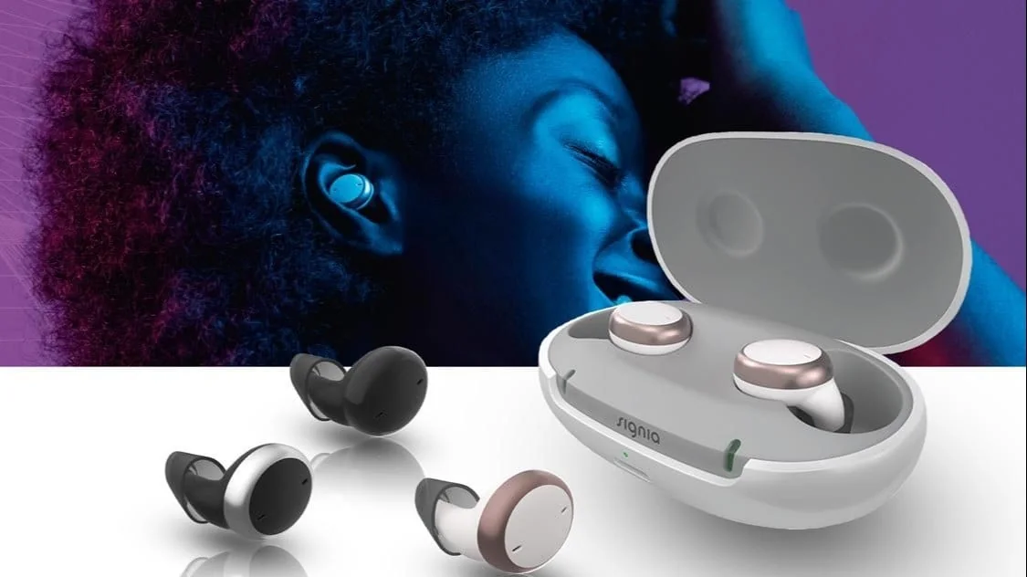 Modern compact hearing aids with charging case and lifestyle image